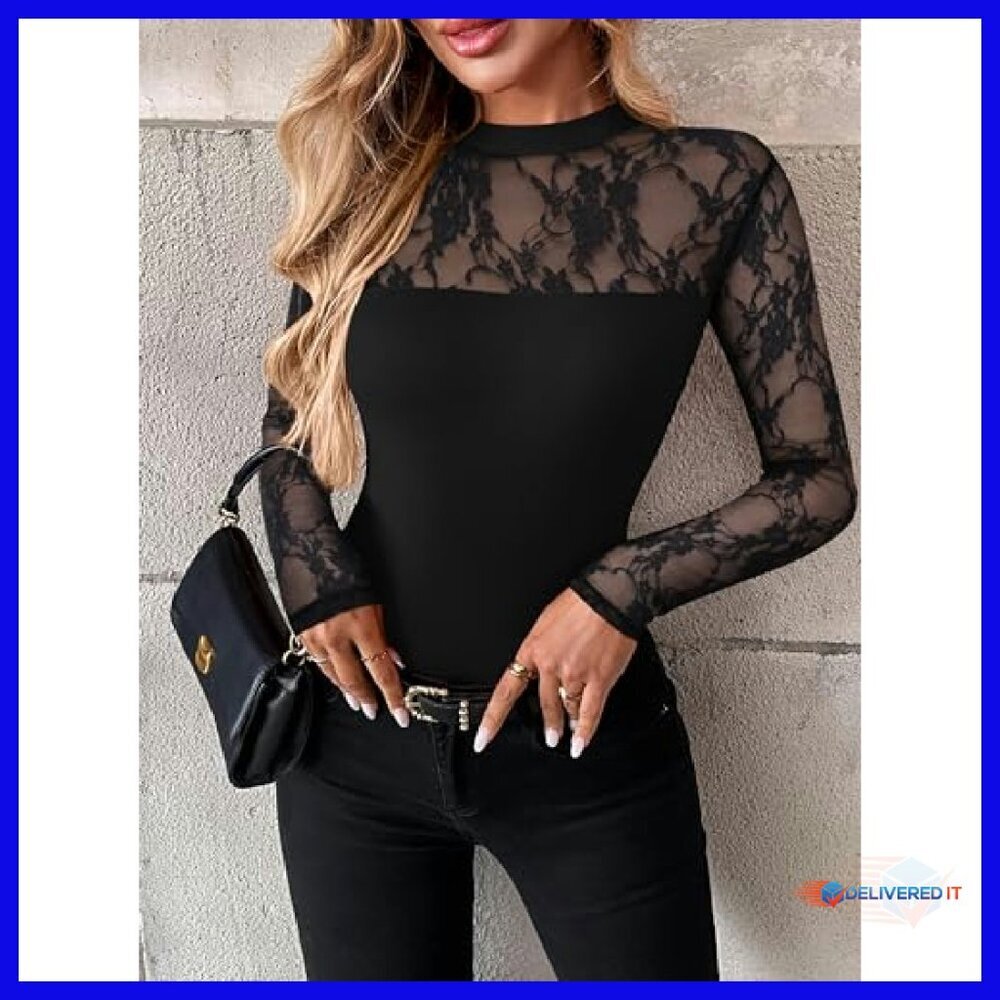 Long Sleeve Lace Mesh Blouse Sheer Crew Neck Sexy Going Out Top - Picture 4 of 8